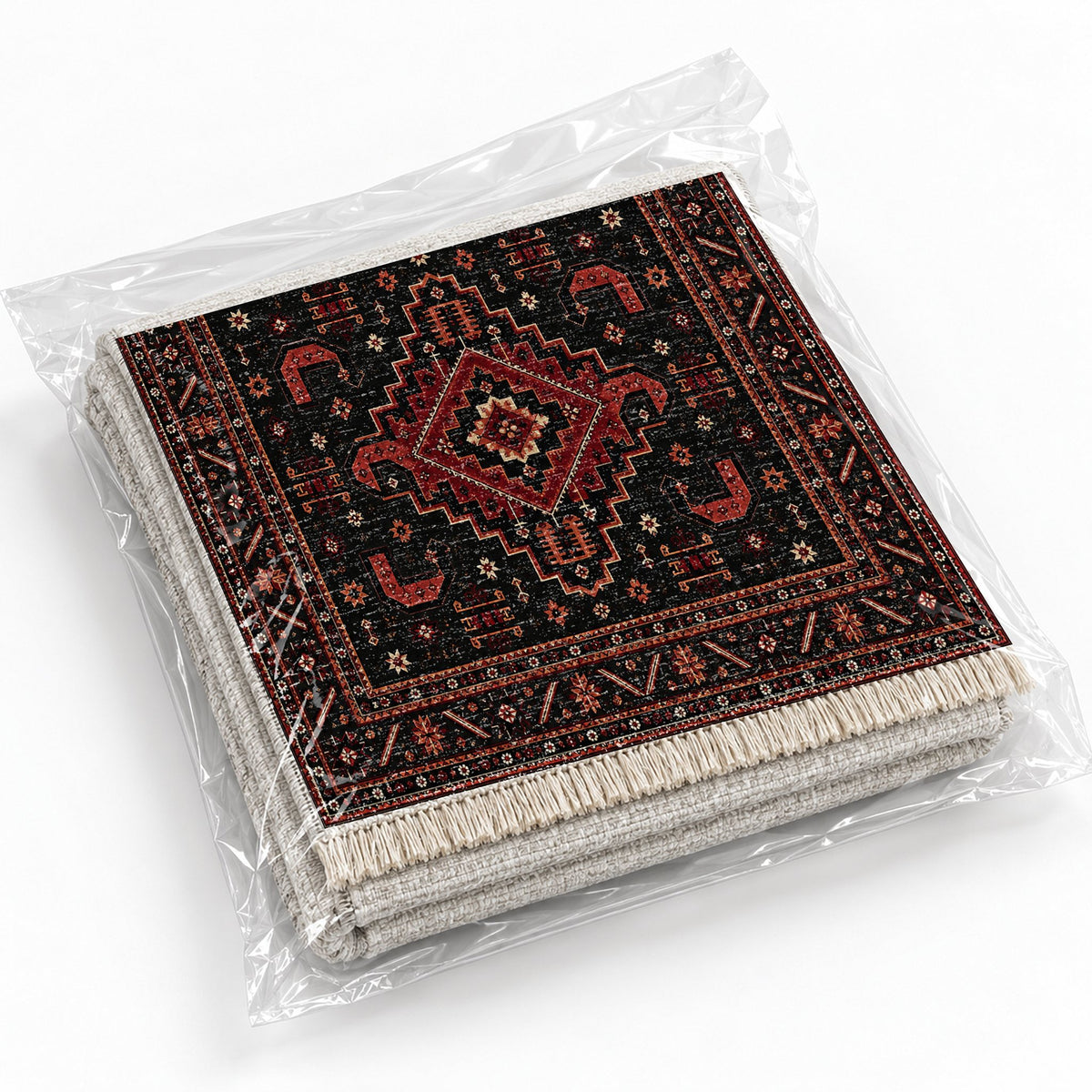 Kazak Hooks Black washable rug rolled and packaged