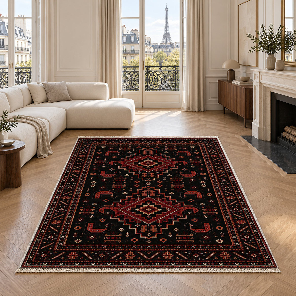 Kazak Hooks Black washable rug in a living room with an Eiffel Tower view