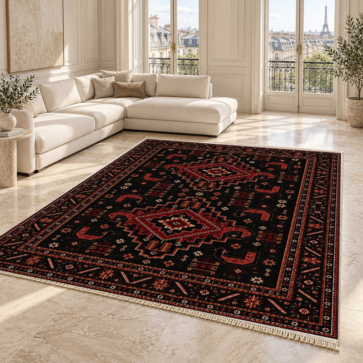 Kazak Hooks Black washable rug angled room view on marble