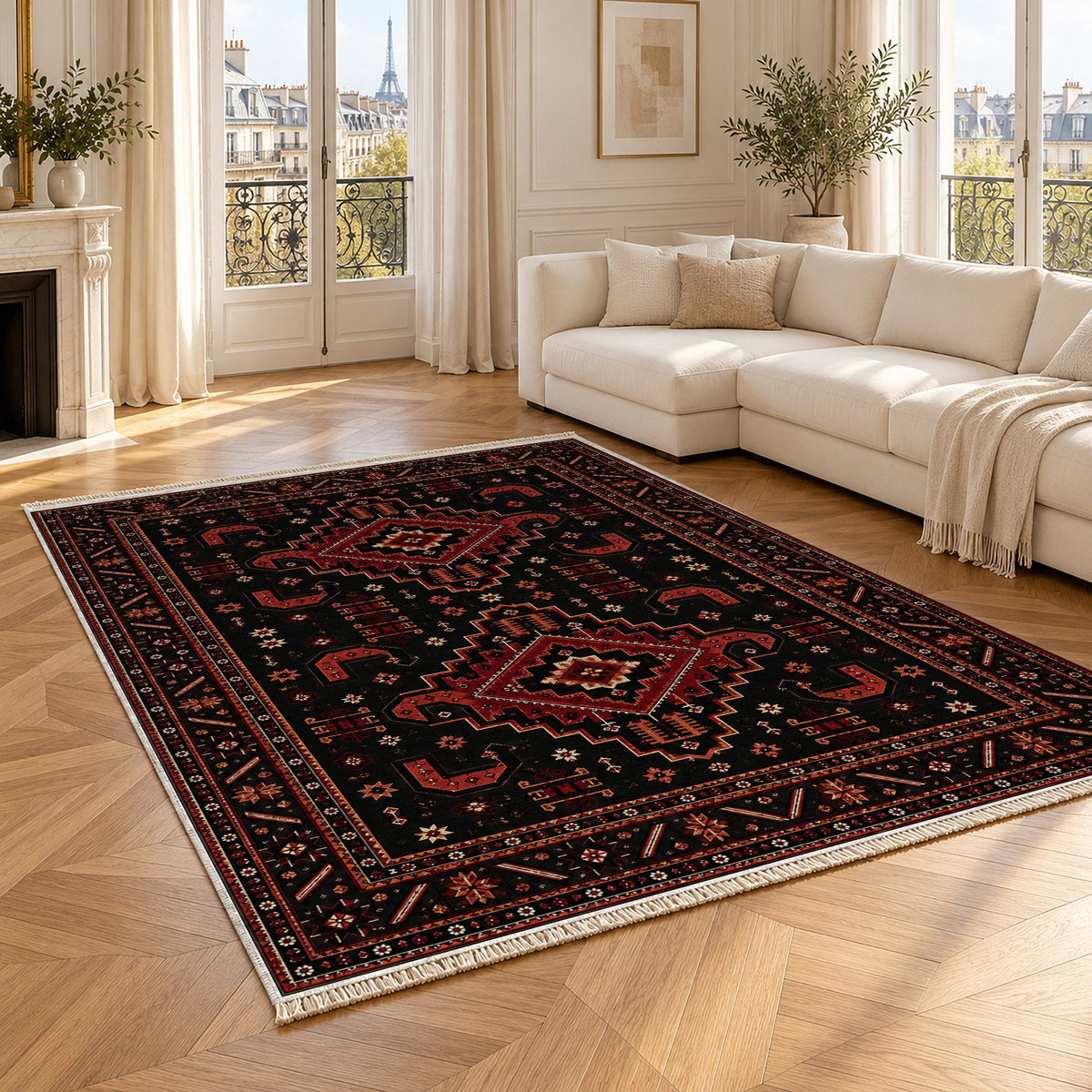 Kazak Hooks Black washable rug angled room view