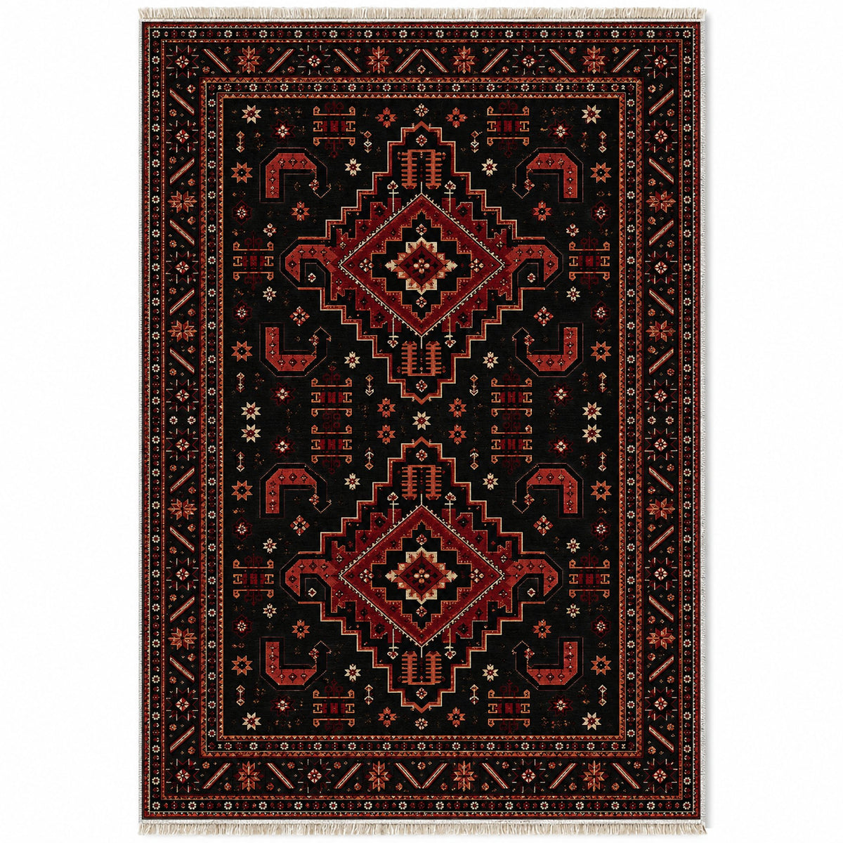 Kazak Hooks Black washable rug top view