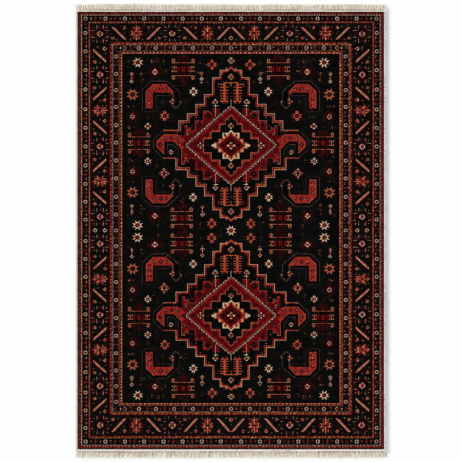 Kazak Hooks Black Afghan Washable Rug