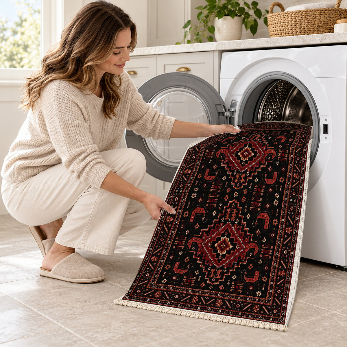 Kazak Hooks Black washable rug being loaded into a washing machine