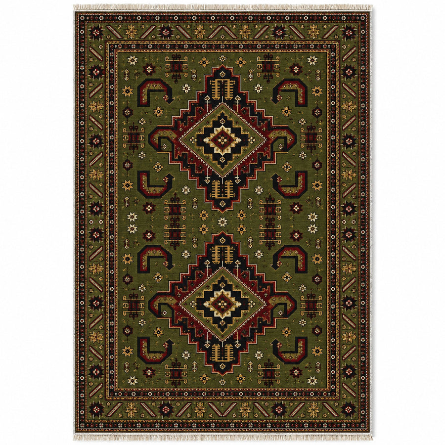 Kazak Hooks Olive Green Afghan Washable Rug