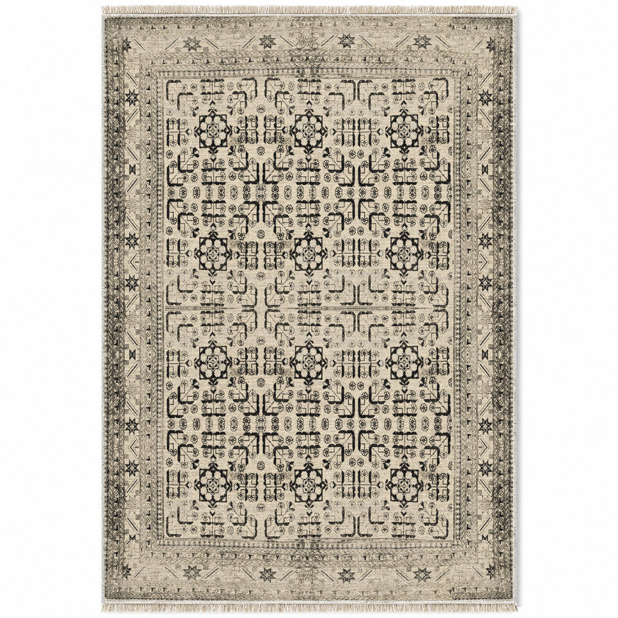 Khotan Lattice Ivory & Charcoal Oriental Washable Rug