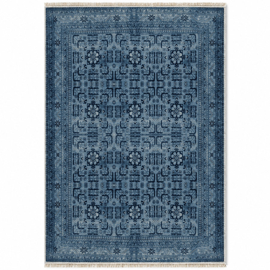 Khotan Lattice Navy & Ivory Oriental Washable Rug