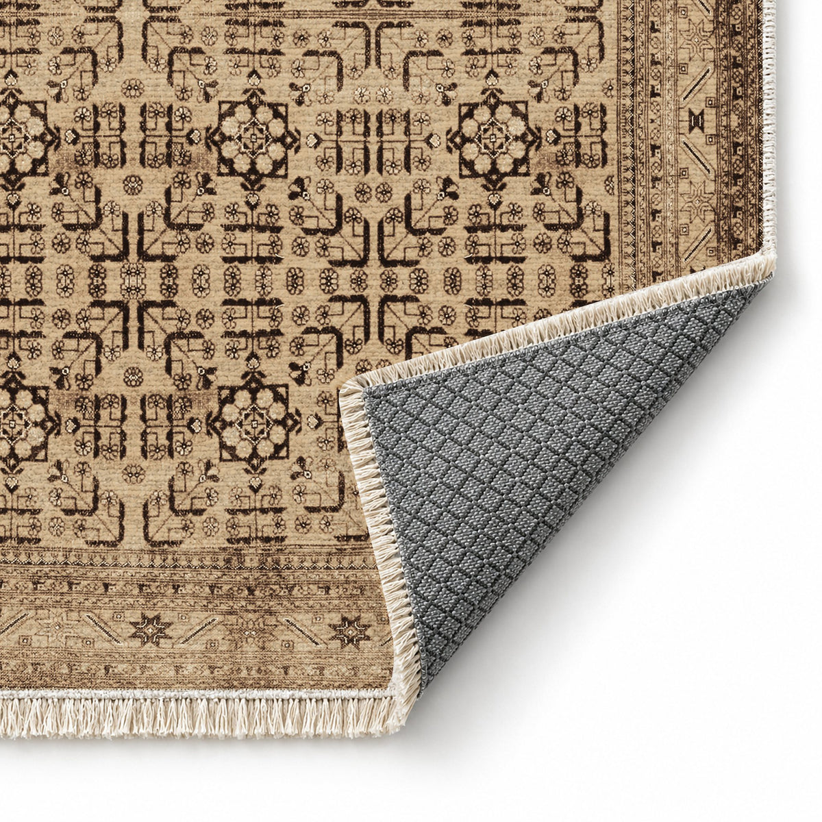 Khotan Lattice Sand & Chocolate washable rug folded corner showing the backing