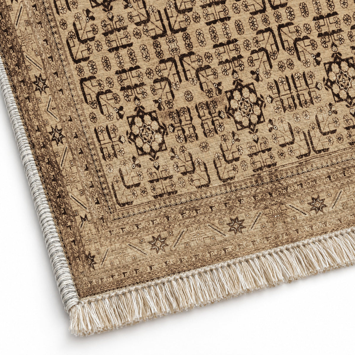 Khotan Lattice Sand & Chocolate washable rug close-up of the printed chenille