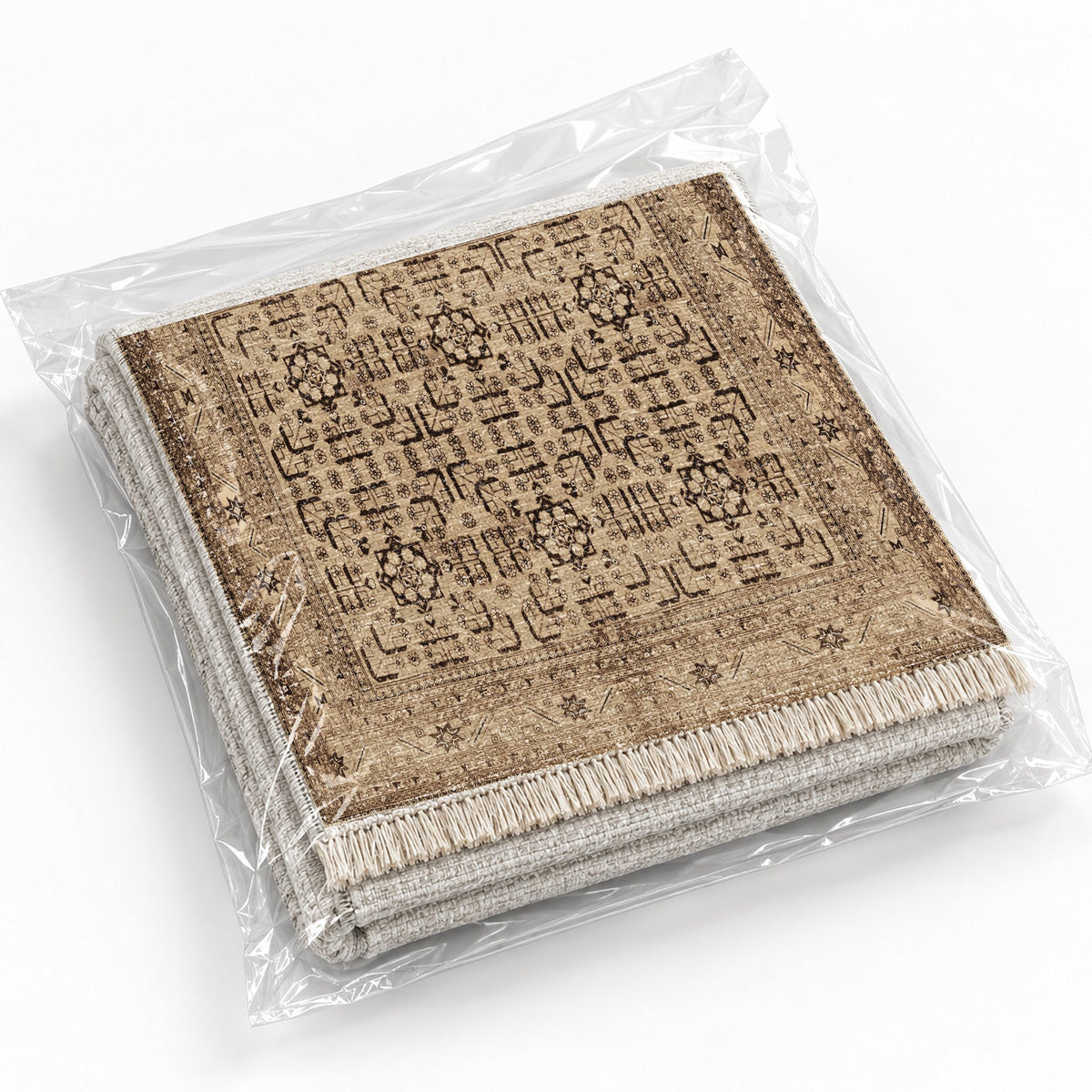 Khotan Lattice Sand & Chocolate washable rug rolled and packaged