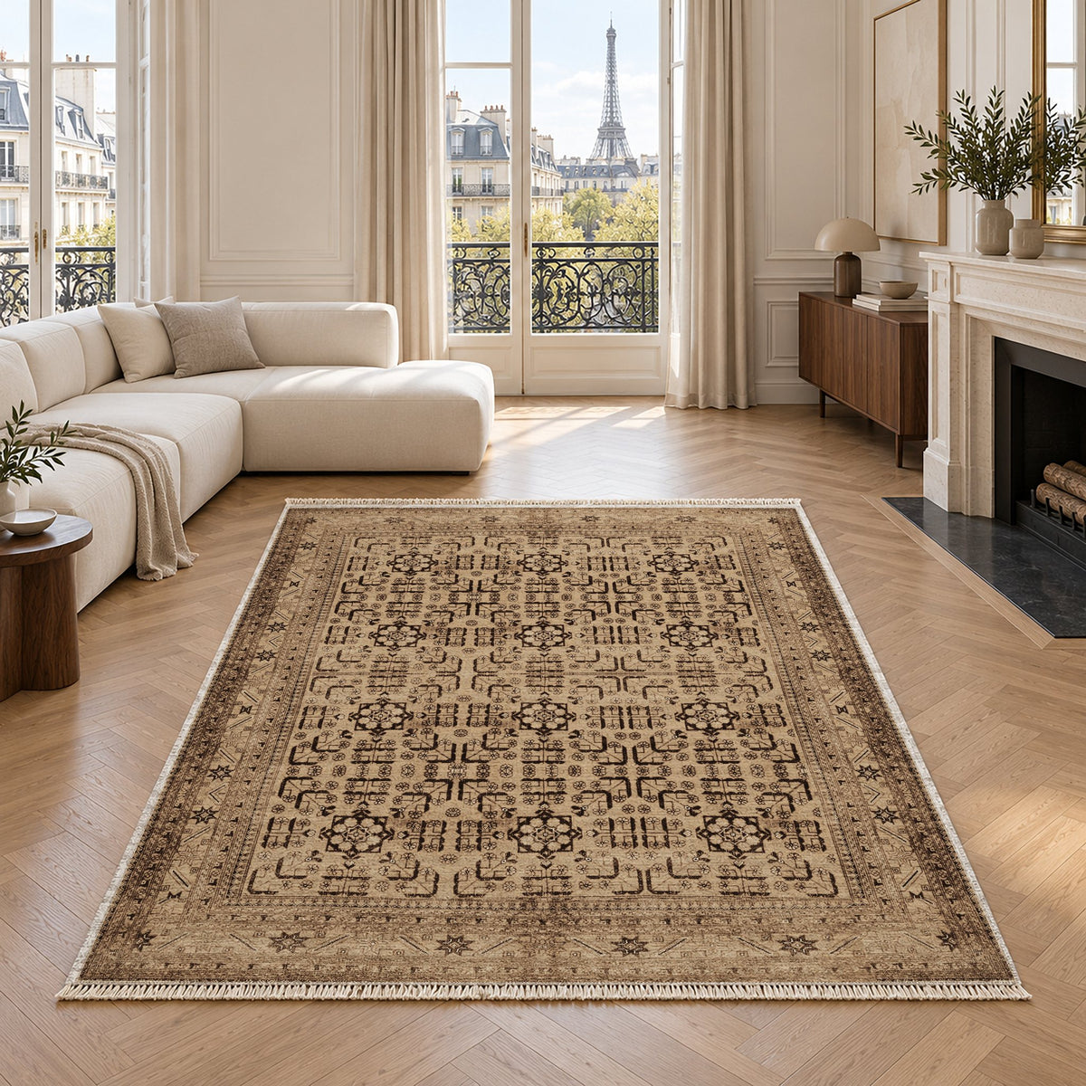 Khotan Lattice Sand & Chocolate washable rug in a living room with an Eiffel Tower view