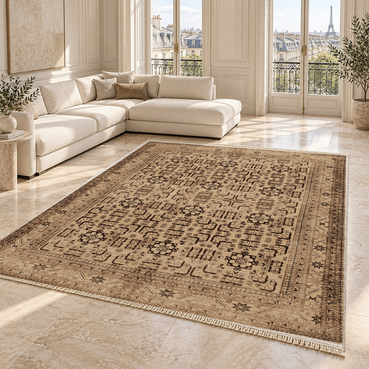 Khotan Lattice Sand & Chocolate washable rug angled room view on marble
