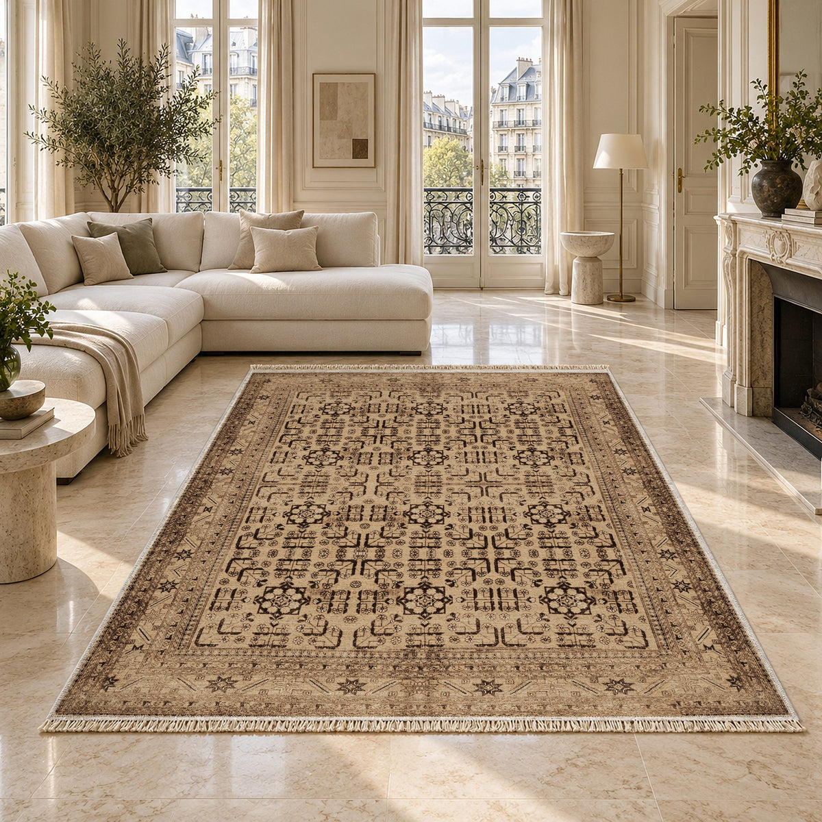 Khotan Lattice Sand & Chocolate washable rug on a marble floor
