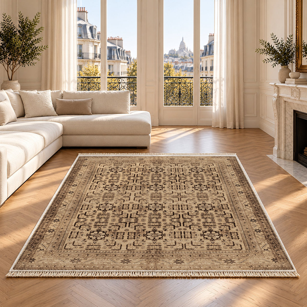 Khotan Lattice Sand & Chocolate washable rug on an oak floor