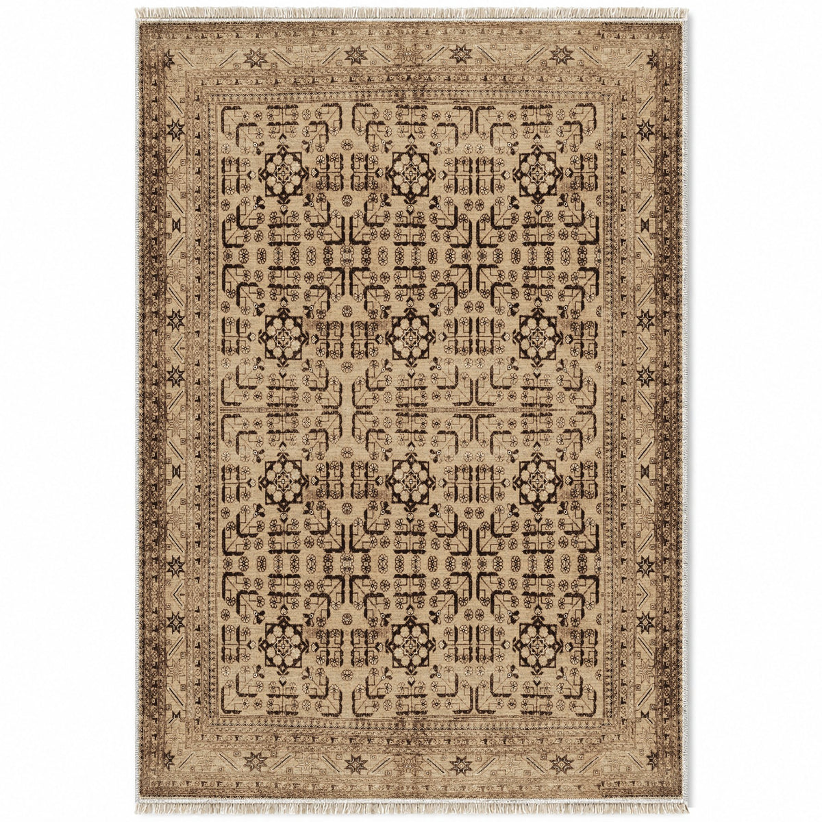 Khotan Lattice Sand & Chocolate washable rug top view