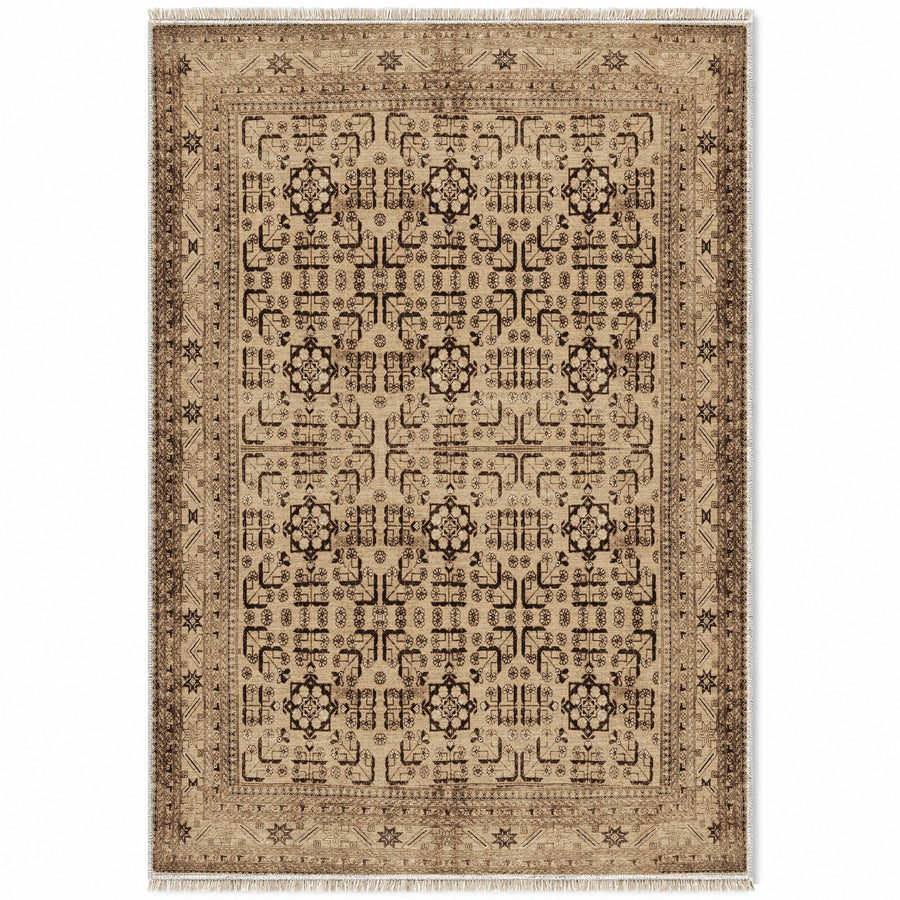 Khotan Lattice Sand & Chocolate Oriental Washable Rug