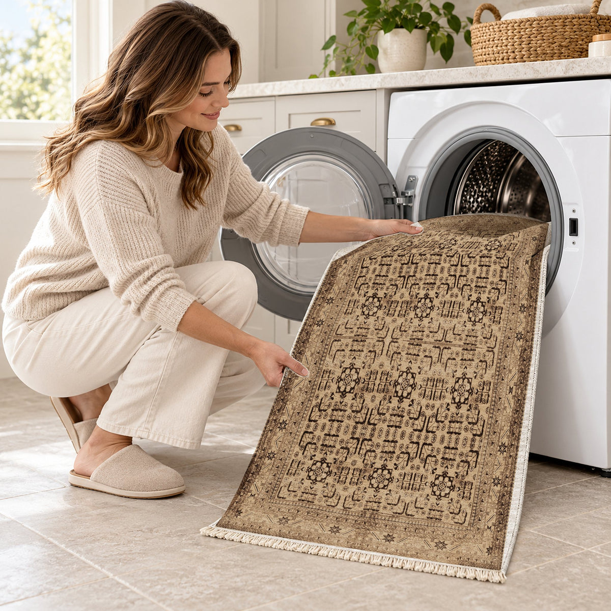 Khotan Lattice Sand & Chocolate washable rug being loaded into a washing machine
