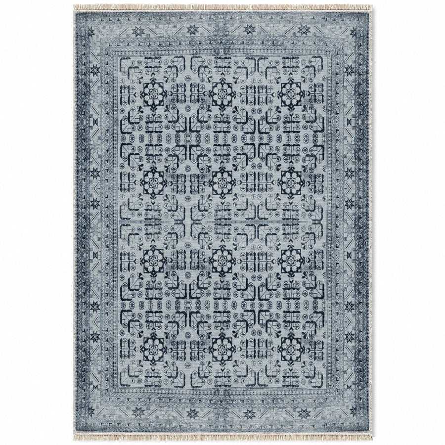 Khotan Lattice Silver & Slate Oriental Washable Rug
