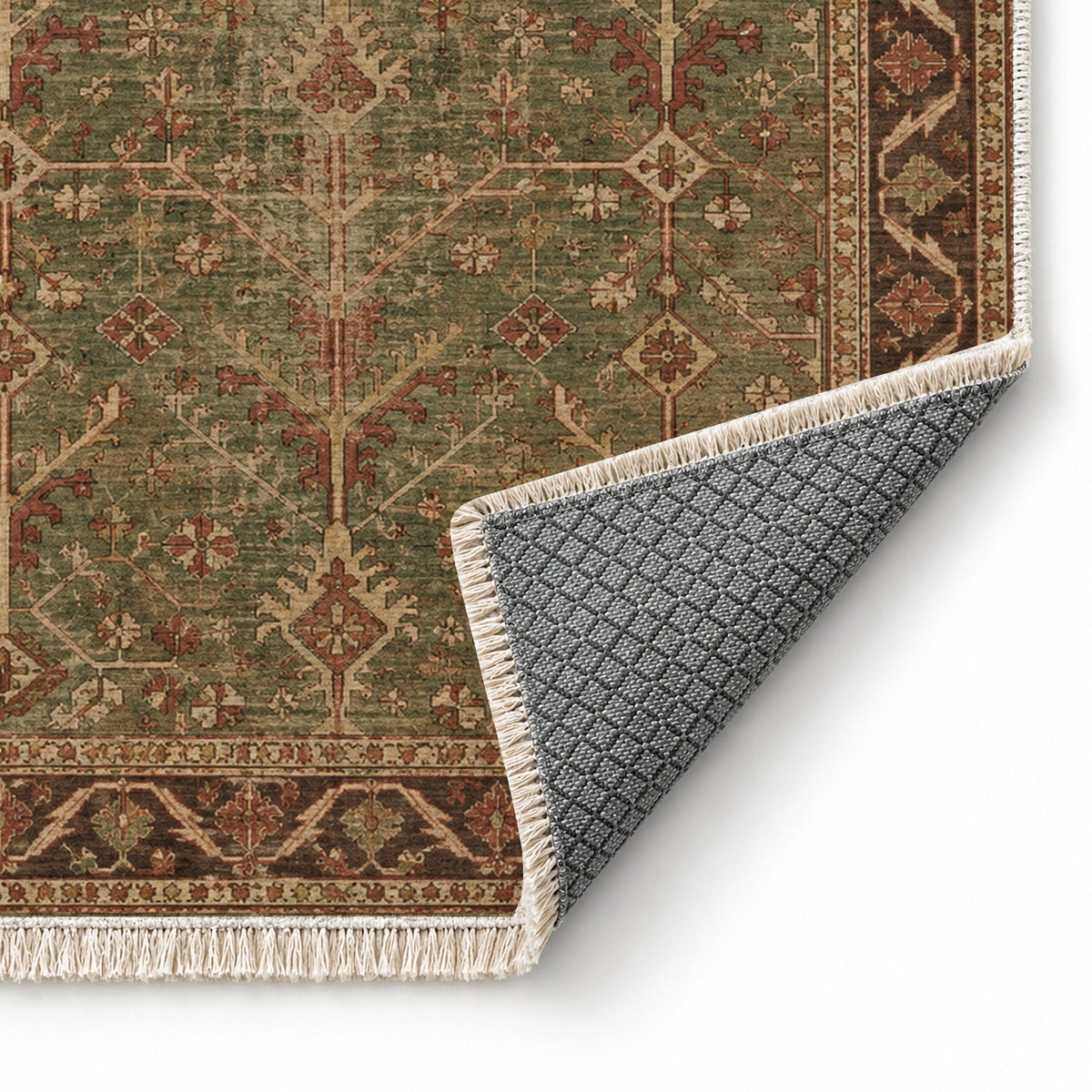 Konya Branch Brown washable rug folded corner showing the backing