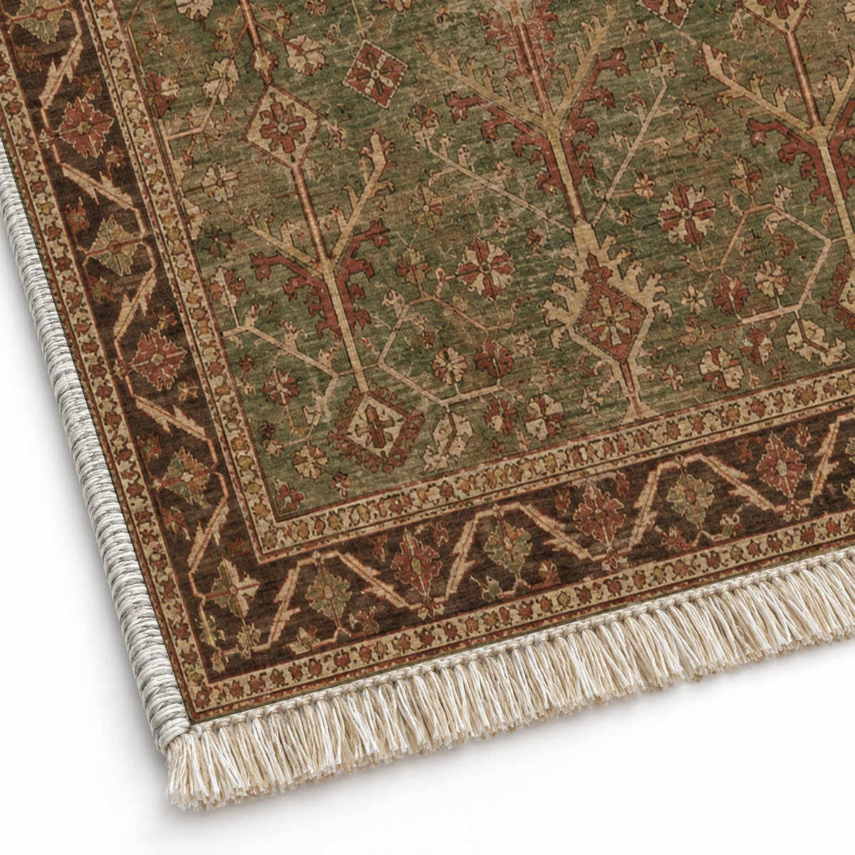 Konya Branch Brown washable rug close-up of the printed chenille