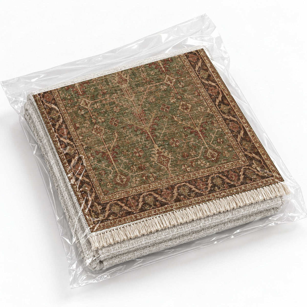 Konya Branch Brown washable rug rolled and packaged