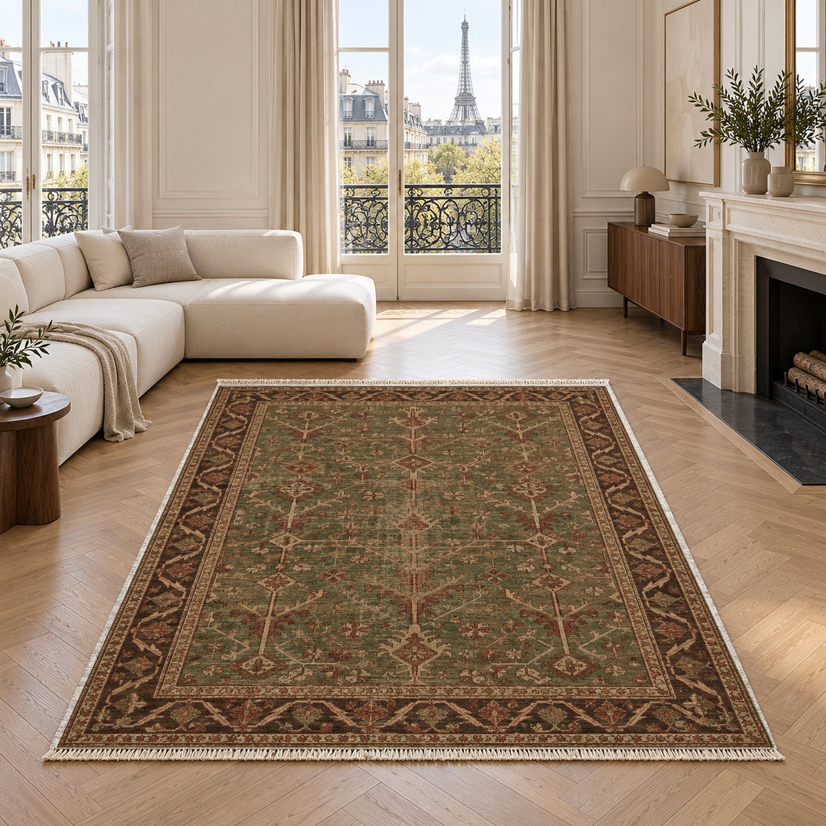 Konya Branch Brown washable rug in a living room with an Eiffel Tower view