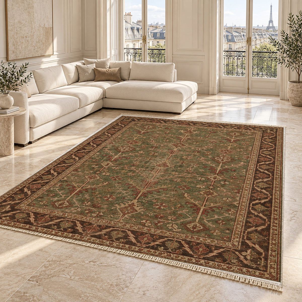 Konya Branch Brown washable rug angled room view on marble