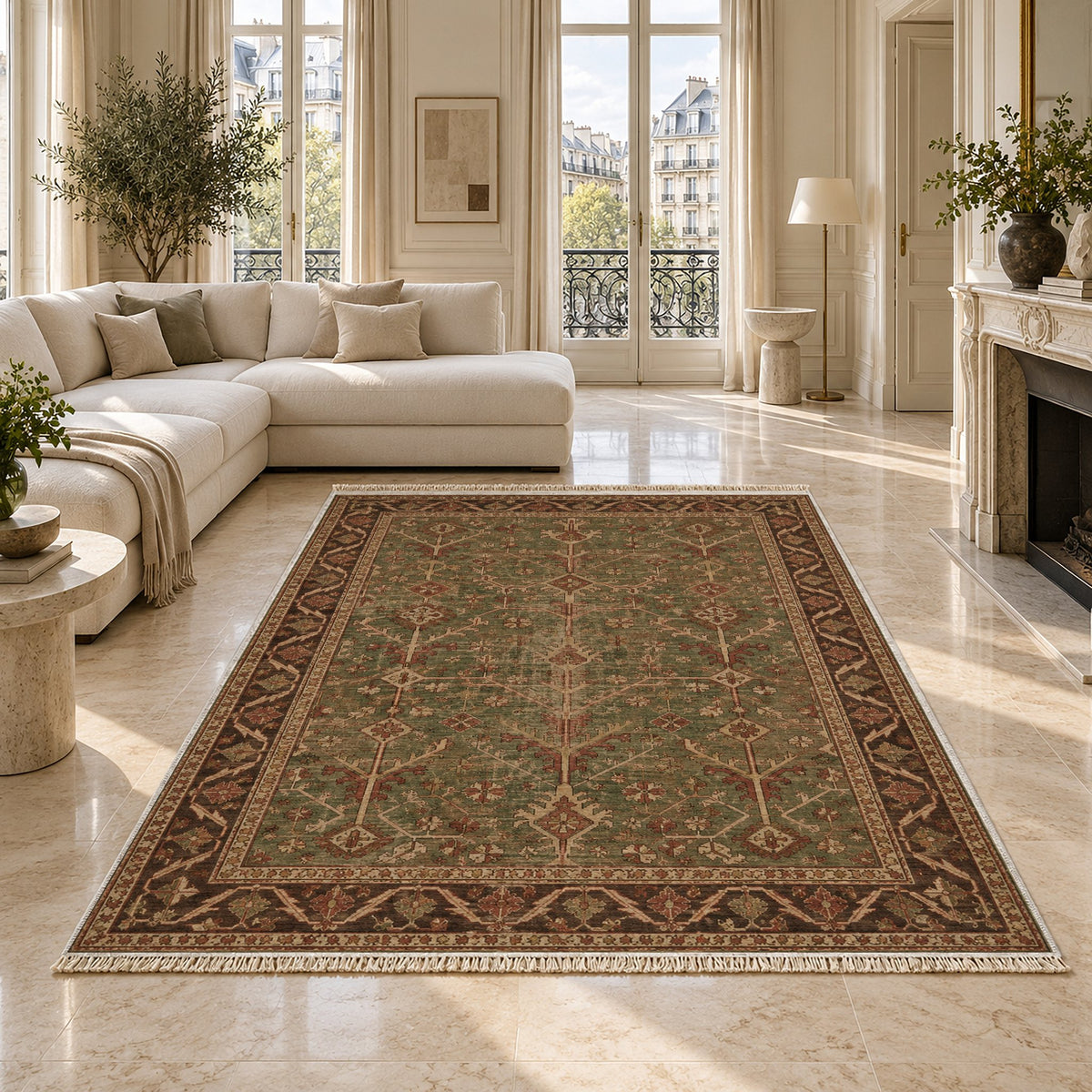 Konya Branch Brown washable rug on a marble floor