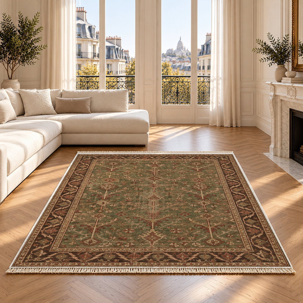 Konya Branch Brown washable rug on an oak floor