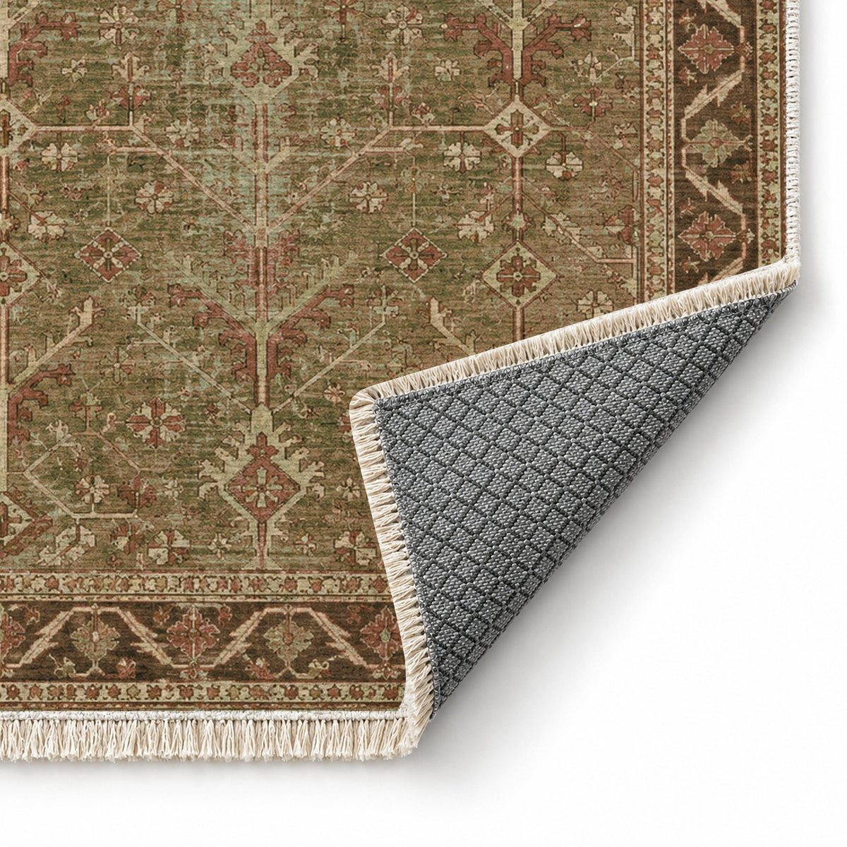 Konya Branch Clay & Sage washable rug folded corner showing the backing