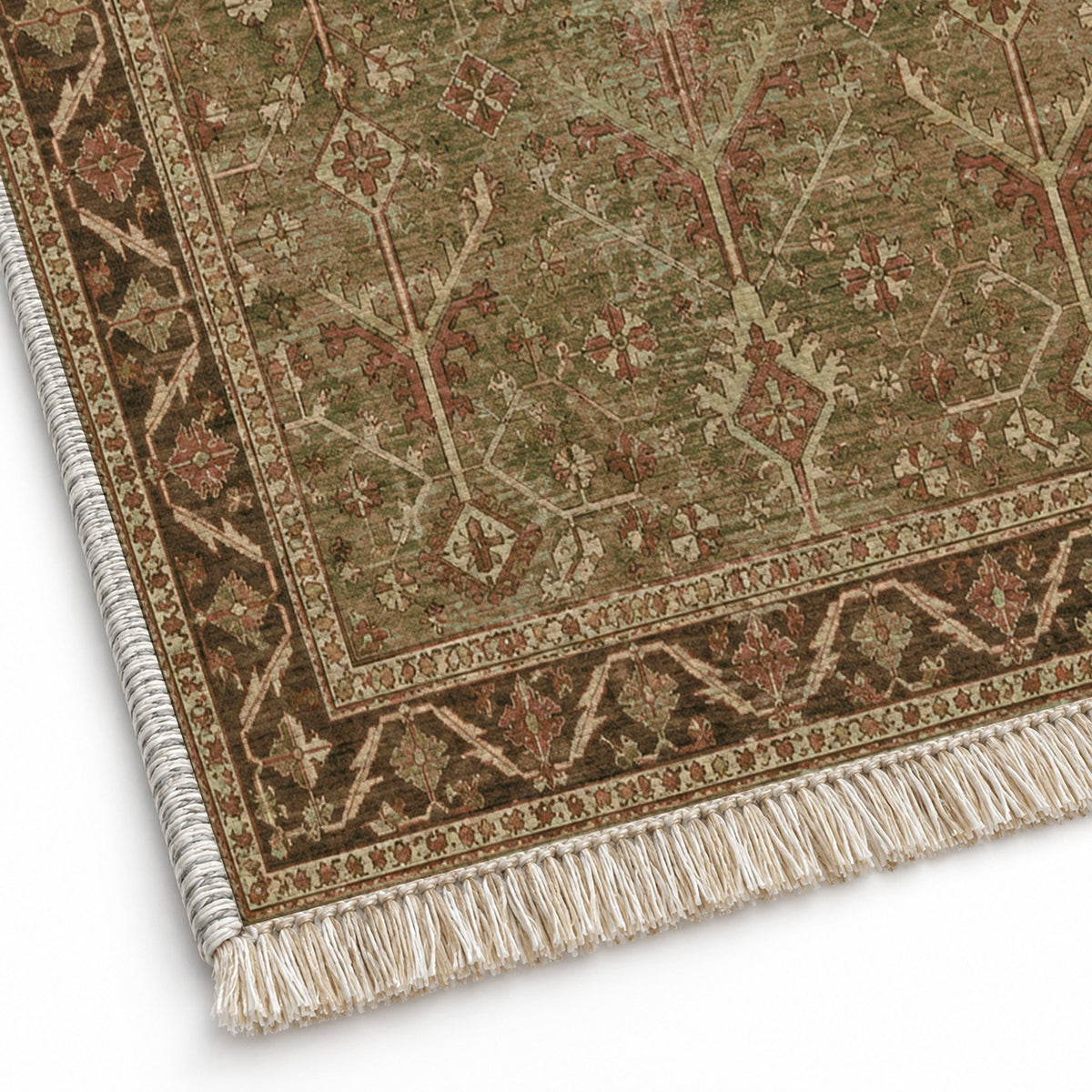 Konya Branch Clay & Sage washable rug close-up of the printed chenille