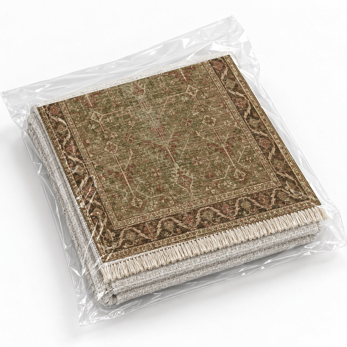 Konya Branch Clay & Sage washable rug rolled and packaged