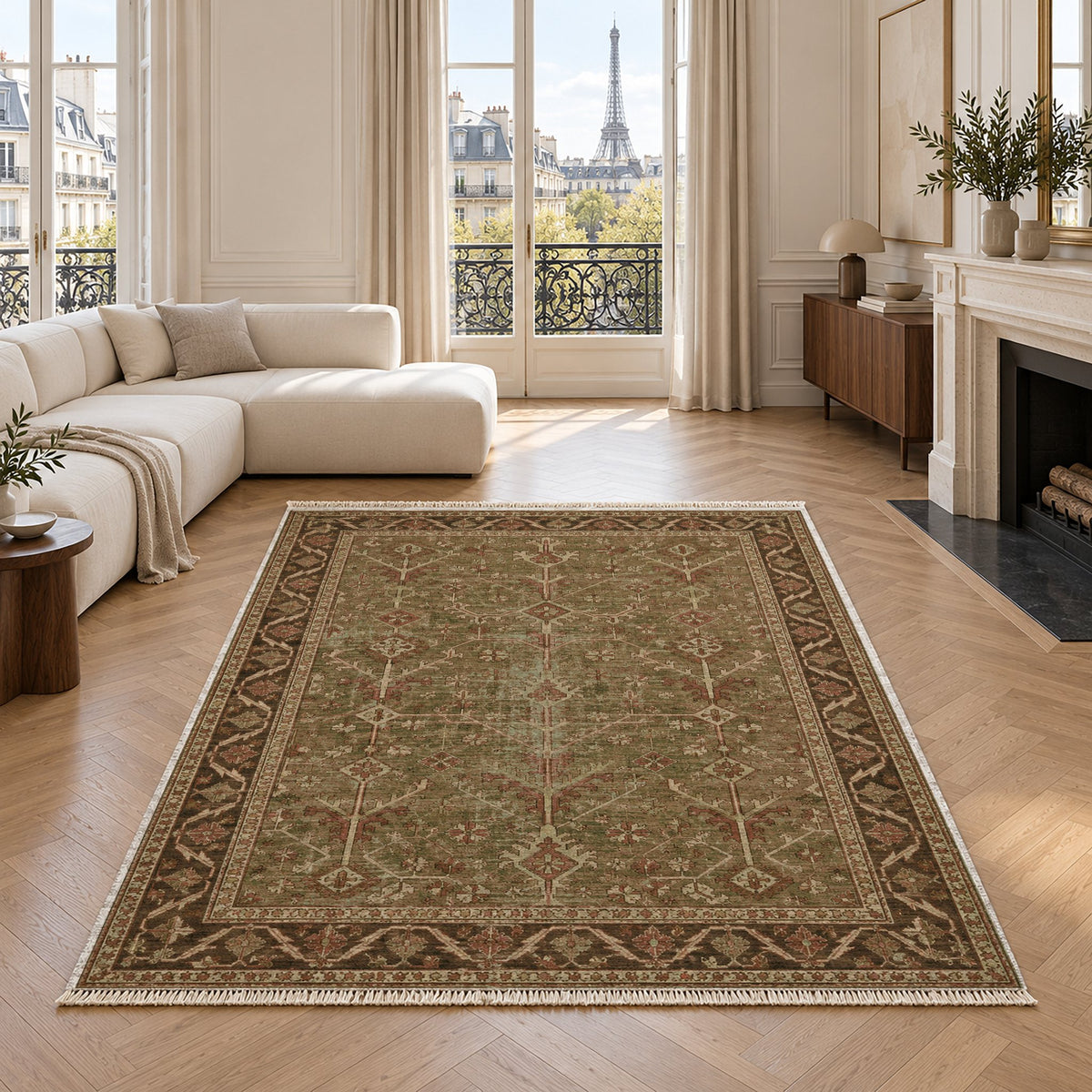 Konya Branch Clay & Sage washable rug in a living room with an Eiffel Tower view