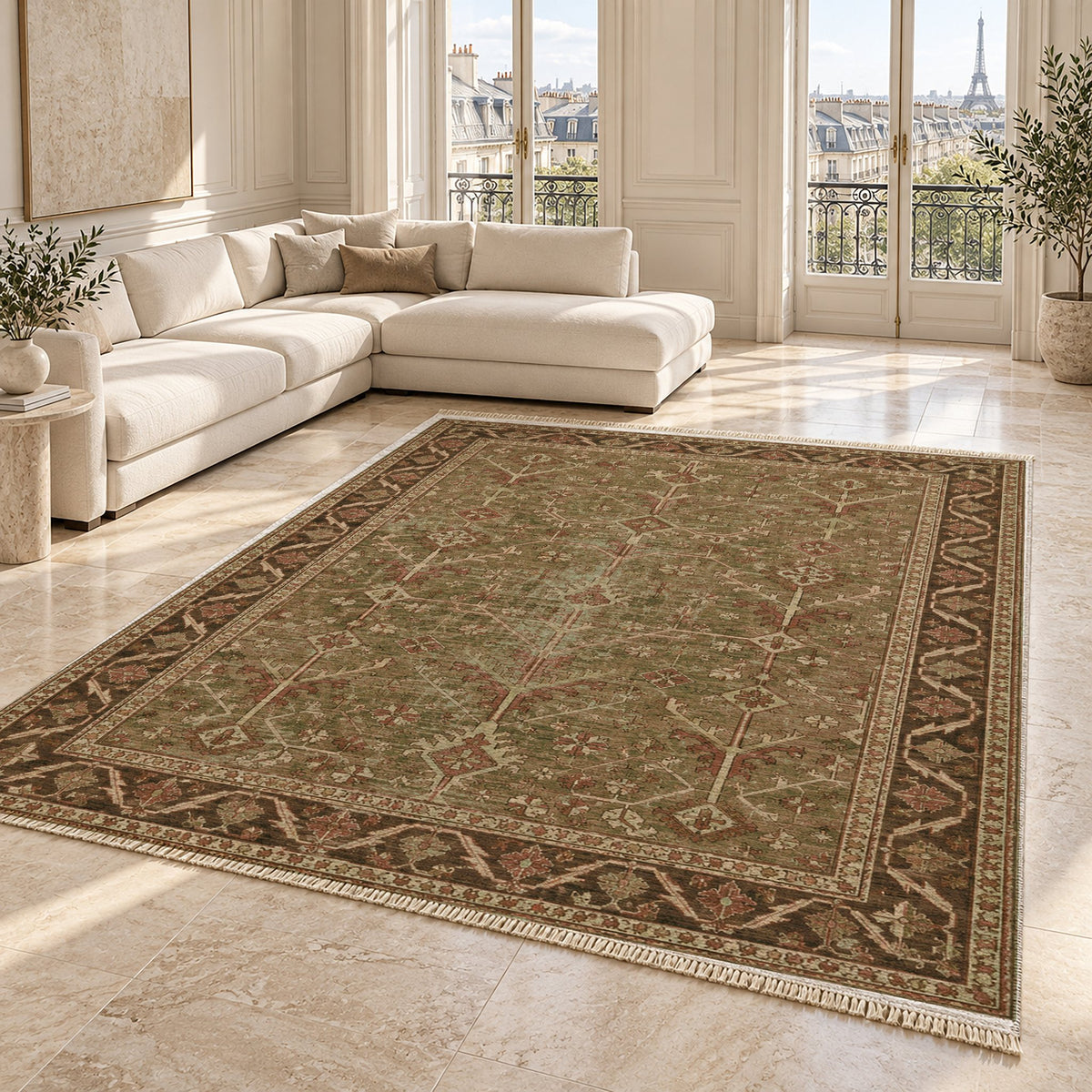Konya Branch Clay & Sage washable rug angled room view on marble