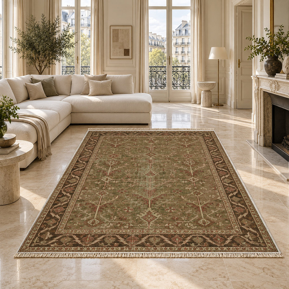 Konya Branch Clay & Sage washable rug on a marble floor