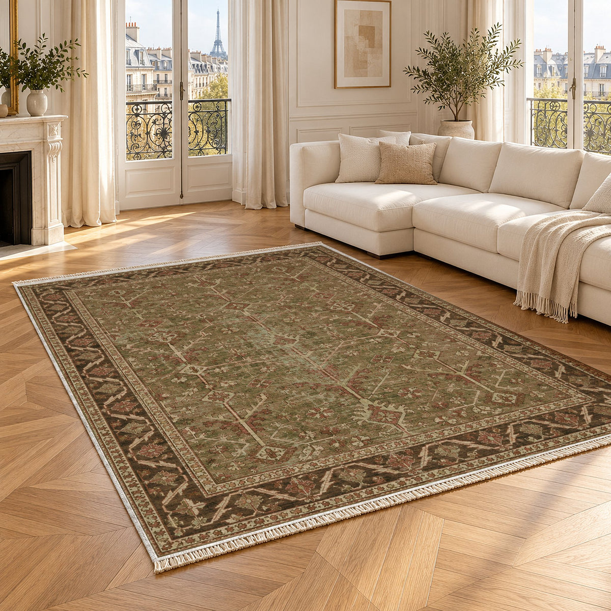 Konya Branch Clay & Sage washable rug angled room view