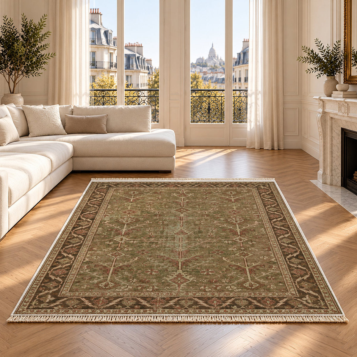 Konya Branch Clay & Sage washable rug on an oak floor