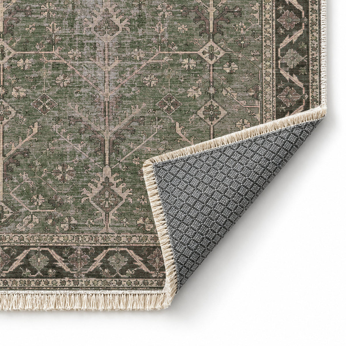 Konya Branch Graphite & Linen washable rug folded corner showing the backing