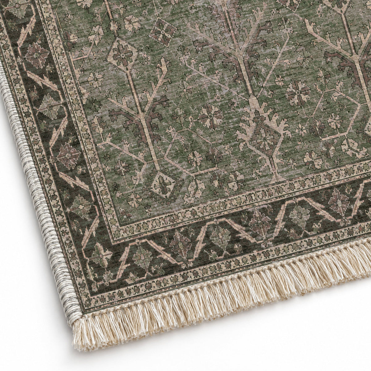 Konya Branch Graphite & Linen washable rug close-up of the printed chenille