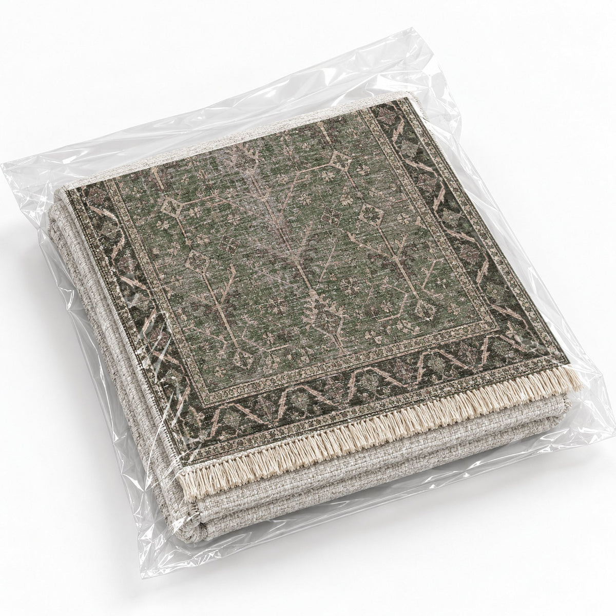 Konya Branch Graphite & Linen washable rug rolled and packaged