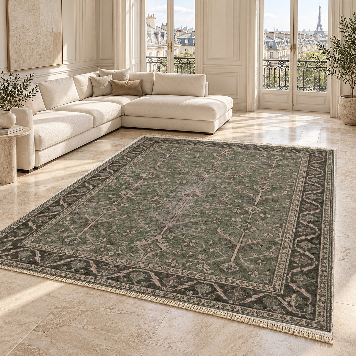Konya Branch Graphite & Linen washable rug angled room view on marble
