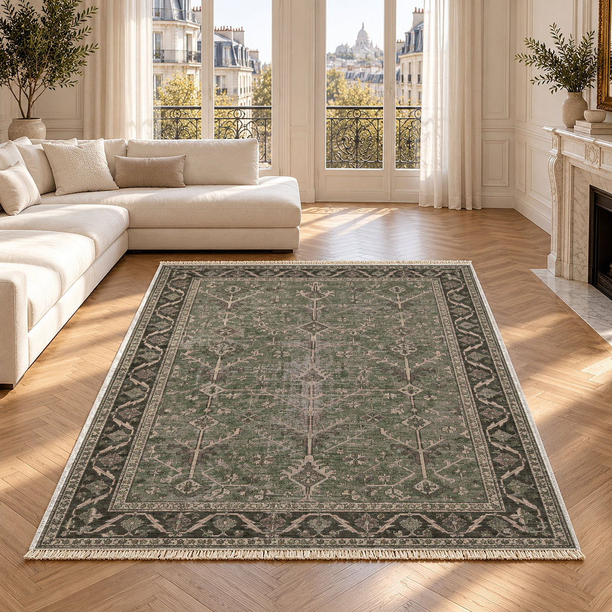 Konya Branch Graphite & Linen washable rug in a Paris living room