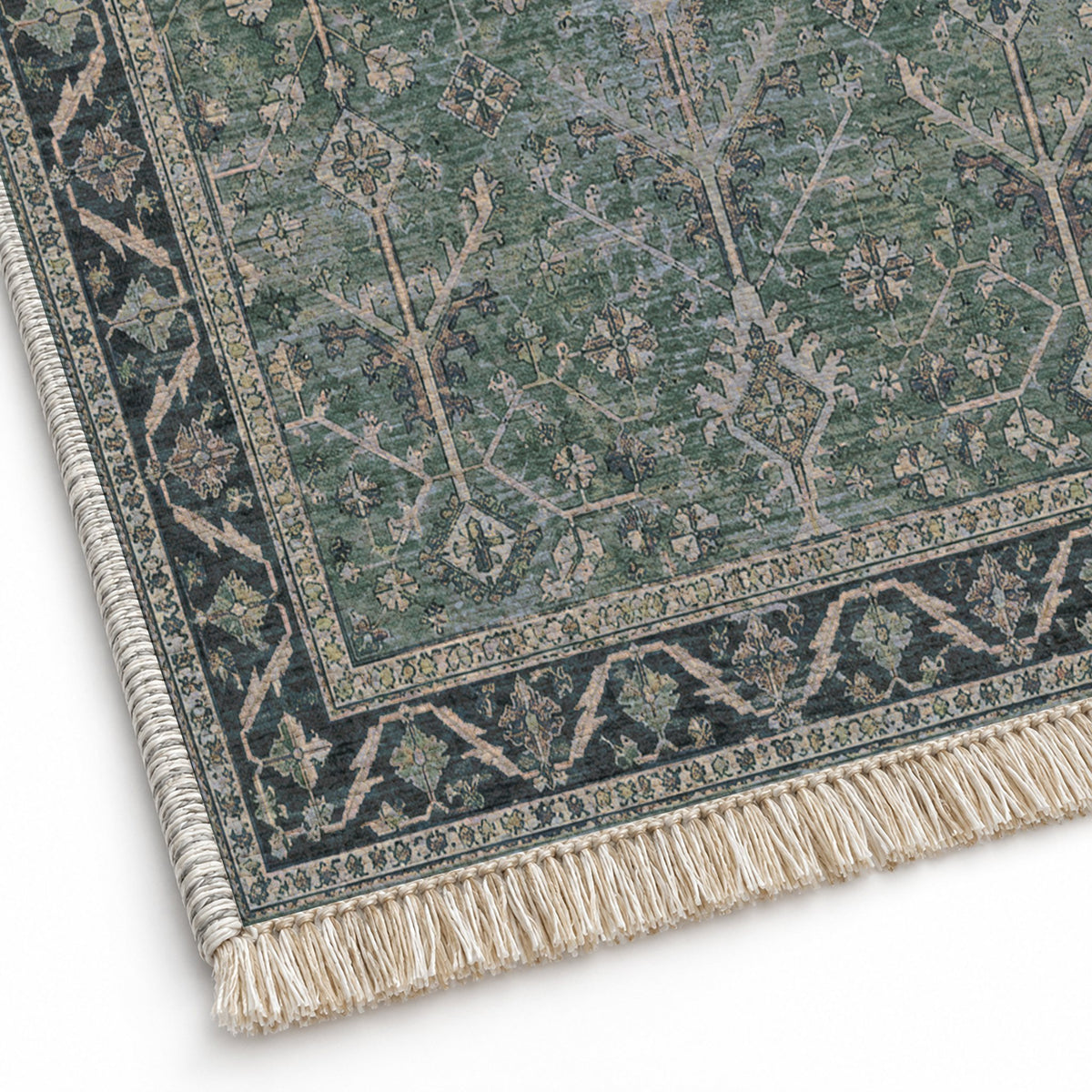 Konya Branch Mineral Blue washable rug close-up of the printed chenille