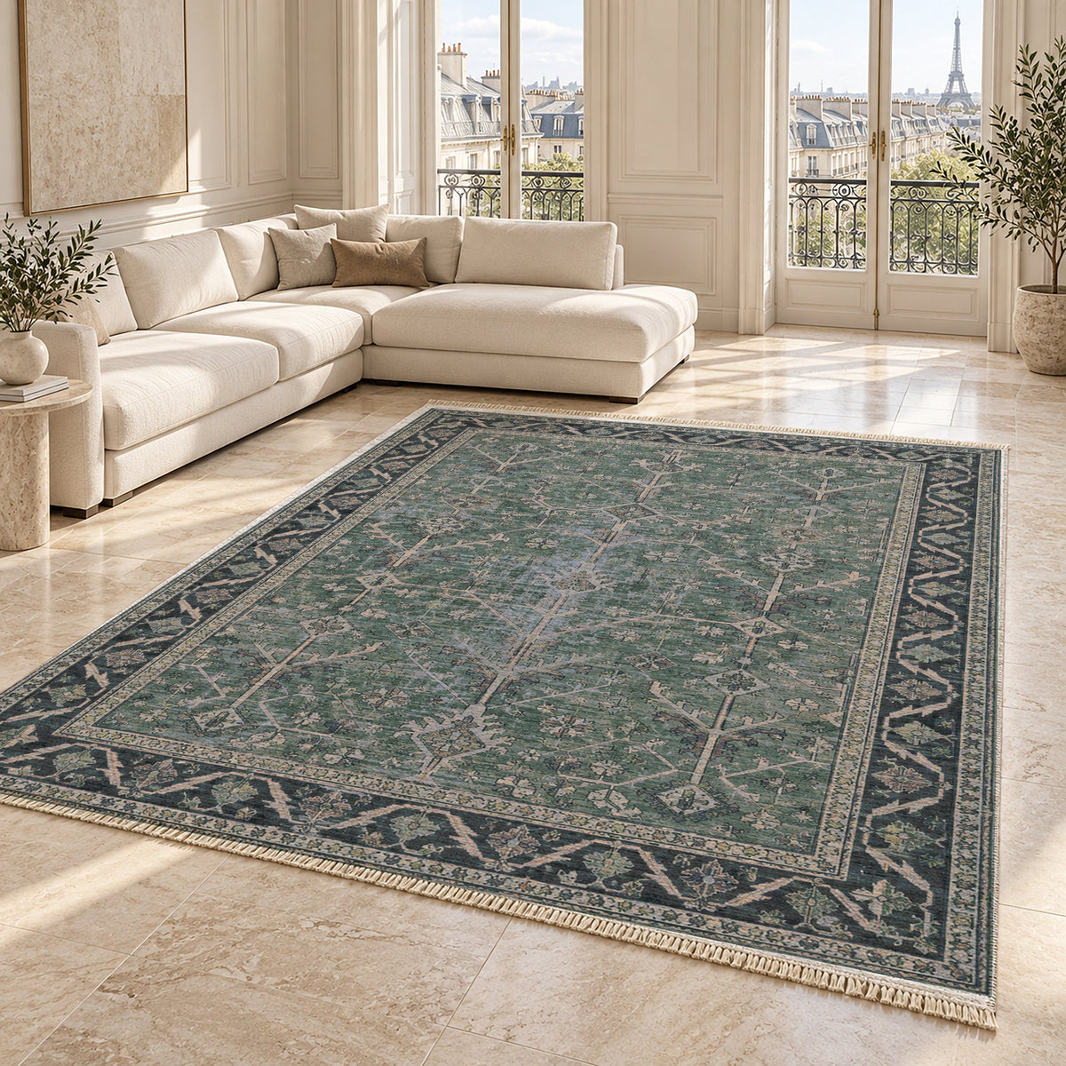 Konya Branch Mineral Blue washable rug angled room view on marble
