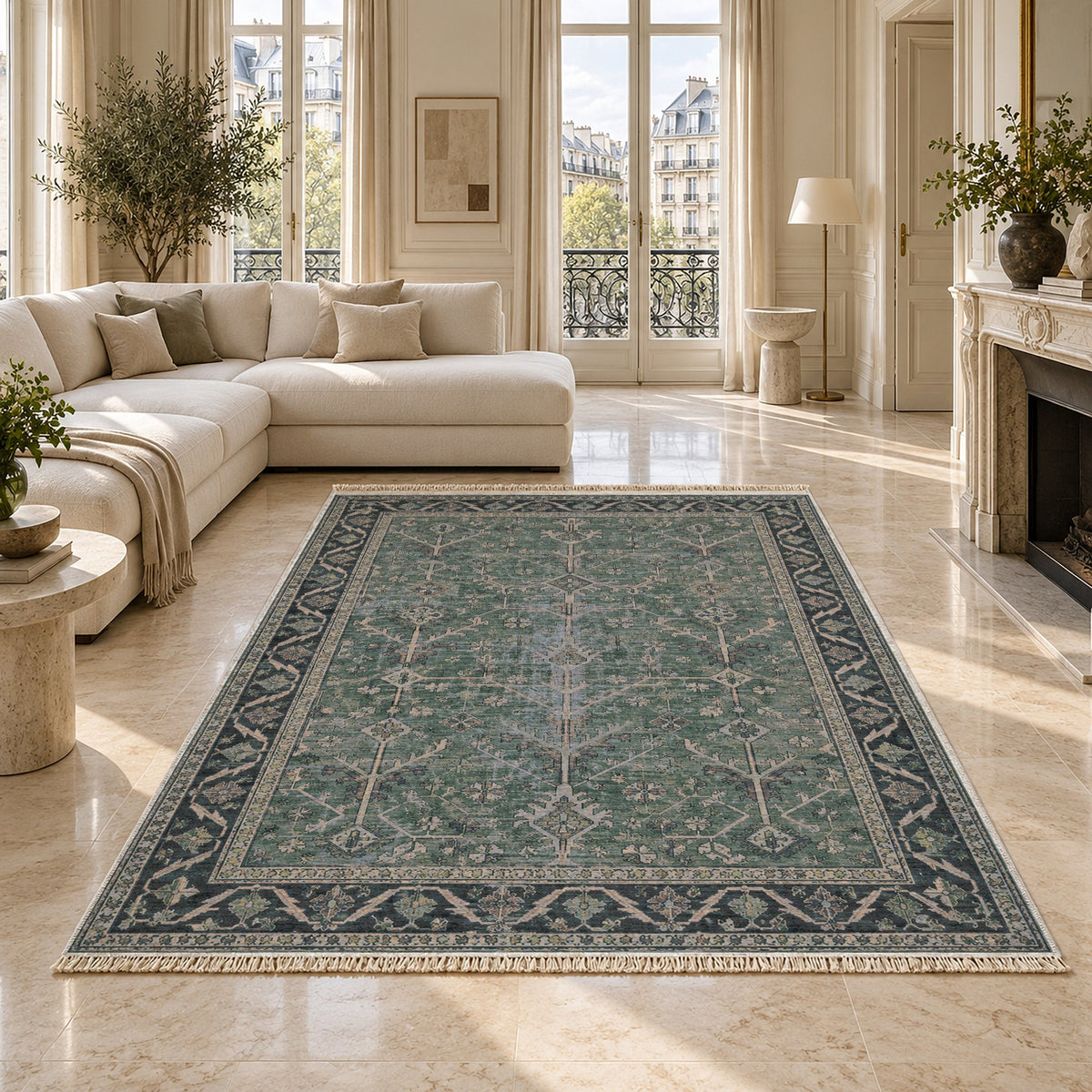 Konya Branch Mineral Blue washable rug on a marble floor