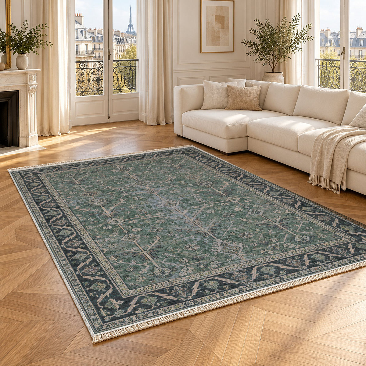 Konya Branch Mineral Blue washable rug angled room view