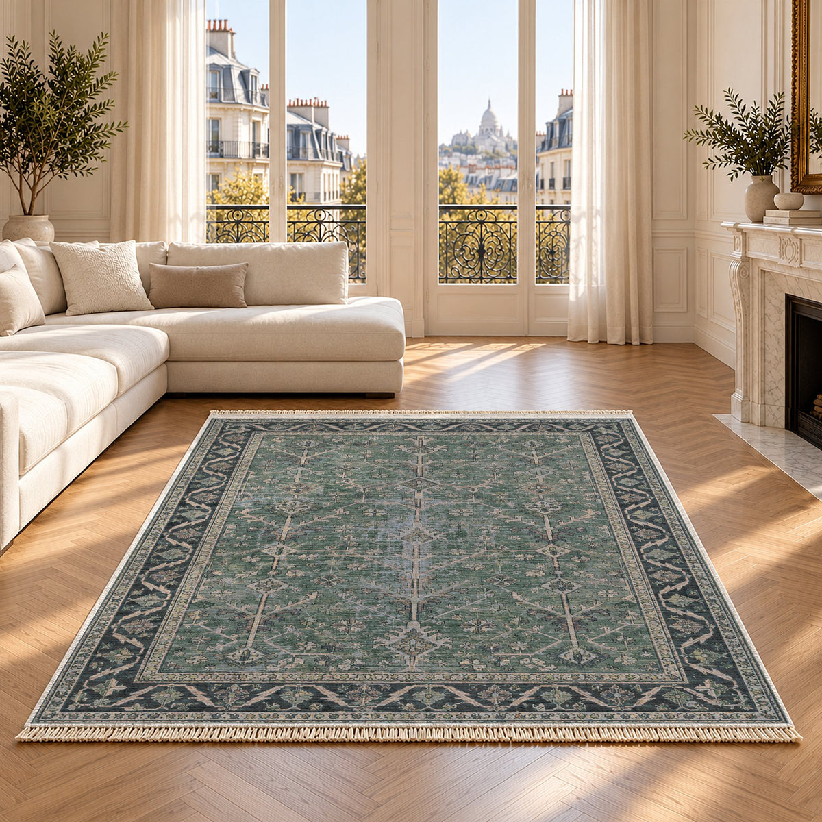 Konya Branch Mineral Blue washable rug on an oak floor