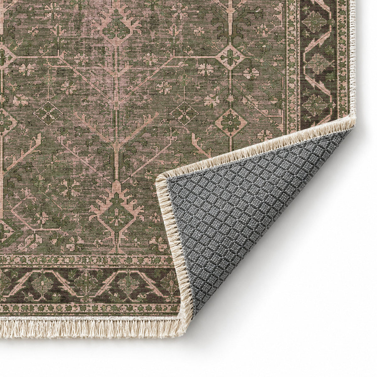 Konya Branch Rose & Olive washable rug folded corner showing the backing