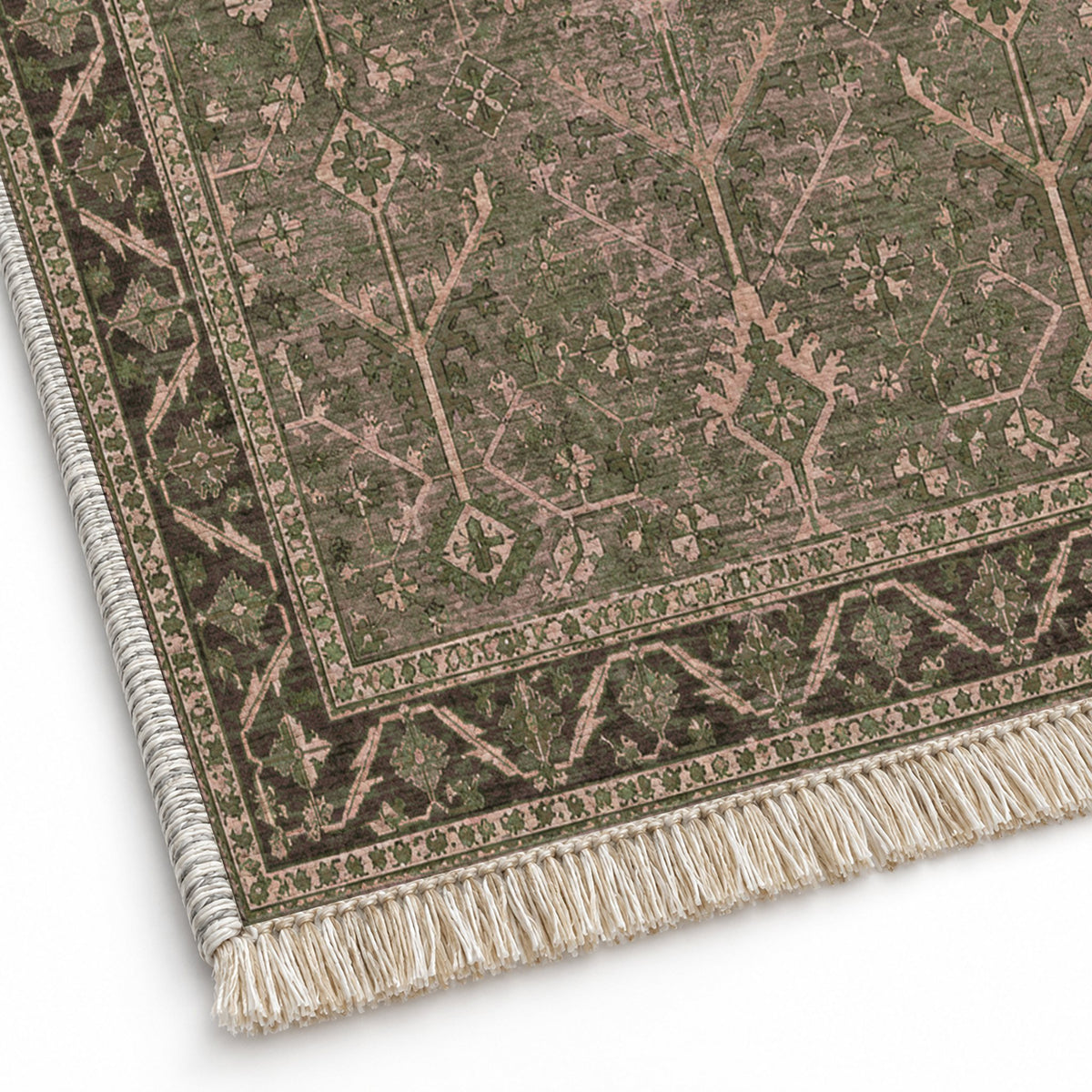 Konya Branch Rose & Olive washable rug close-up of the printed chenille
