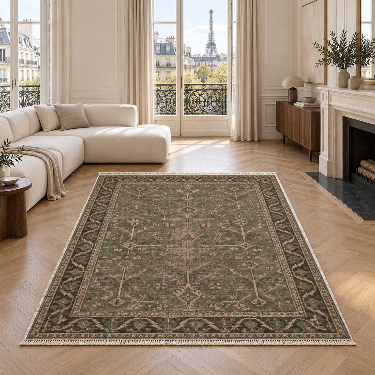Konya Branch Rose & Olive washable rug in a living room with an Eiffel Tower view