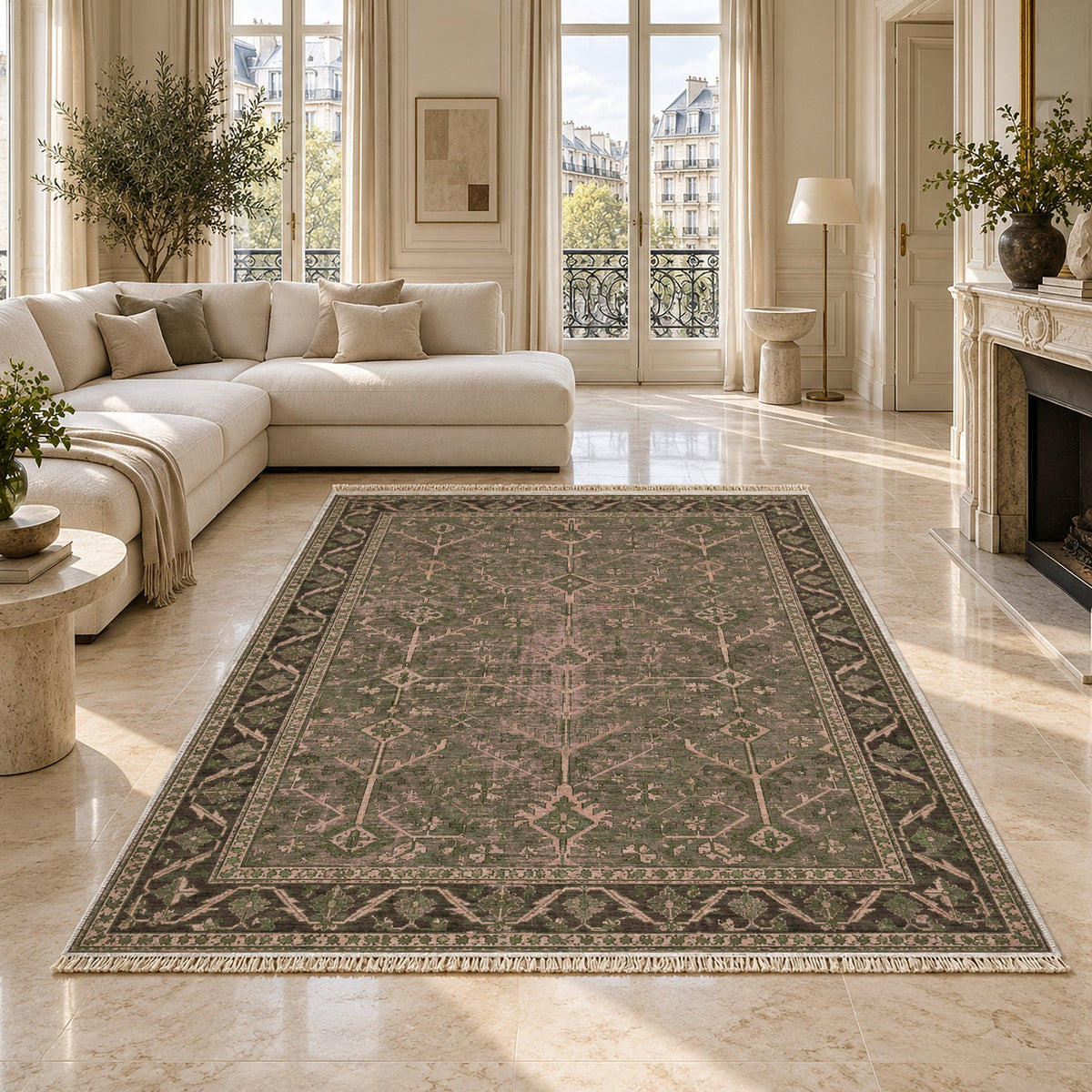 Konya Branch Rose & Olive washable rug on a marble floor
